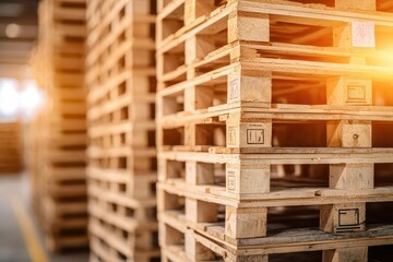 Stacks of wooden pallets ready for shipment, industrial warehouse setting, Pallets, Industrial Shipment, Warehouse Logistics
