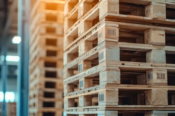 Stacks of wooden pallets ready for shipment, industrial warehouse setting, Pallets, Industrial Shipment, Warehouse Logistics
