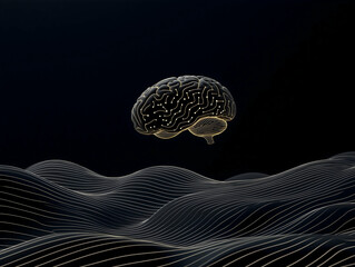 A stylized brain floats above a textured landscape of flowing lines, evoking themes of creativity, thought, and digital art in a dark environment.