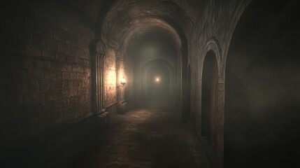 Obraz premium A dimly lit, atmospheric corridor with stone walls and soft lighting, evoking mystery.