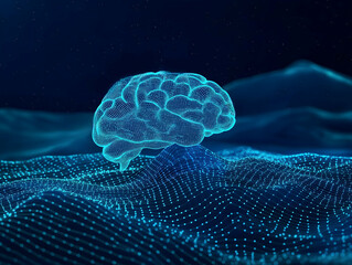 Fototapeta premium A digital representation of a brain, surrounded by a wave of glowing blue dots, symbolizing technology, intelligence, and neural networks.