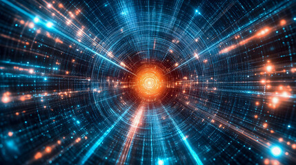 Futuristic Warp Tunnel with Glowing Particles and Light Beams Representing Speed and Motion in a 3D Digital Cosmic Environment