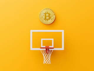 A vibrant image featuring a basketball hoop below a large Bitcoin symbol against a bright yellow background, symbolizing the intersection of sports and cryptocurrency.