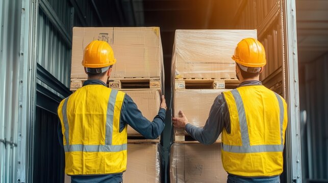 Workers securing pallets on the back of a truck for delivery, Pallet Securing, Industrial Delivery, Loading Process