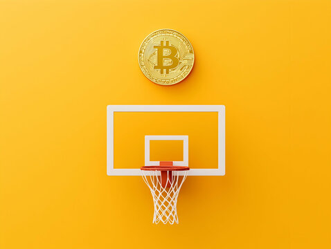 A vibrant image featuring a basketball hoop below a large Bitcoin symbol against a bright yellow background, symbolizing the intersection of sports and cryptocurrency.