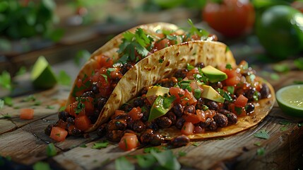 The photo showcases a vegan taco filled with black beans, avocado, and salsa, garnished with cilantro and lime, set on a wooden table Photography, National Geographic Style, spectacular backdrops, viv