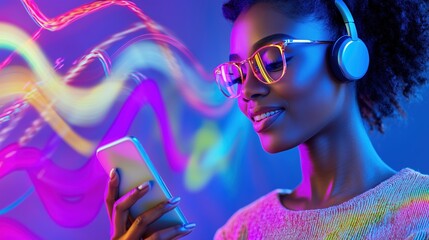 Beautiful Woman Engaged with Smartphone and Headphones in Vibrant Neon Lighting Exploring Music and Technology