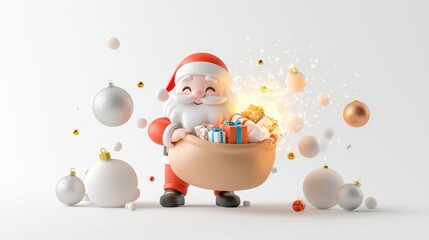 Cheerful Santa Claus Holding a Bag Full of Colorful Gifts with Sparkles and Decorative Ornaments on a Bright Background for Holiday Cheer