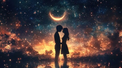 Obraz premium Serene Couple Embraced by Celestial Beauty