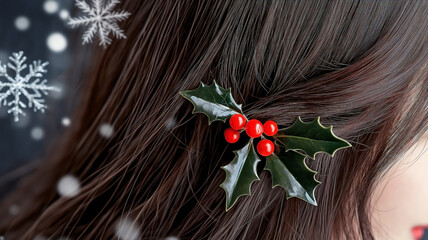 Naklejka premium a festive holly berry hair clip with vibrant red berries and shiny green leaves. The hair is slightly wavy, with hints of silver and blue highlights running through it