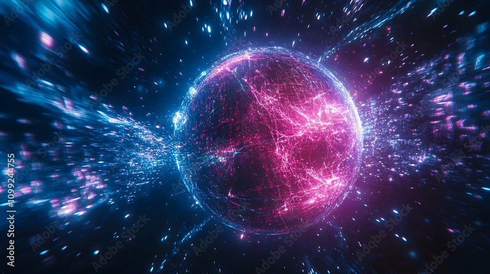 Poster futuristic abstract visualization of a glowing spherical object surrounded by dynamic particles repr