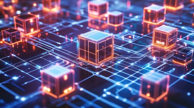 A high-tech digital ledger displayed as a floating holographic grid, with glowing blockchain cubes representing transaction history. Encrypted pathways link each block.
