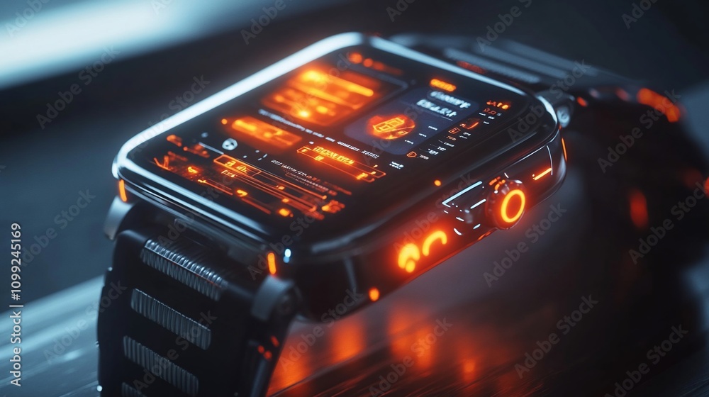 Poster Futuristic smartwatch with glowing interface displaying health data.
