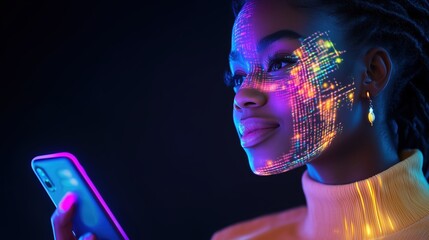 Innovative Technology Displayed Through Vibrant Digital Projections on Woman's Face Using Mobile Device