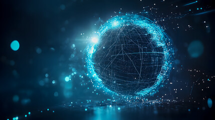 Obraz premium Futuristic digital abstract globe with glowing blue lines and particles against a dark background, representing technology and connectivity