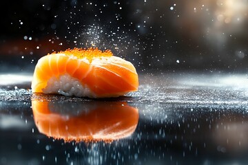 A vibrant slice of salmon sushi resting on a reflective surface, showcasing its freshness and appeal.