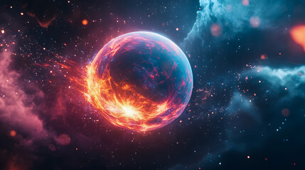 Obraz premium Fiery Celestial Body Surrounded by Colorful Cosmic Clouds and Starlit Background in a Vibrant Stellar Landscape
