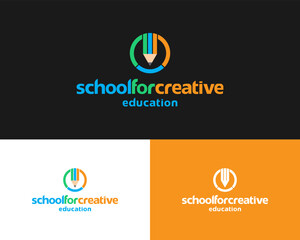 Pencil Drawing Kids School Education Creativity Colorful Circle Vector Logo Design Illustration