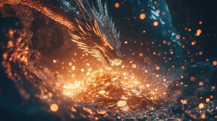 Fototapeta premium A fantasy scene with a glowing dragon curled around a treasure pile, shimmering with golden light in a dark cave.