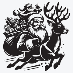 Obraz premium Santa Claus Flying in Sleigh Pulled by Reindeer Clip Art Vector illustration Isolated on White Background 
