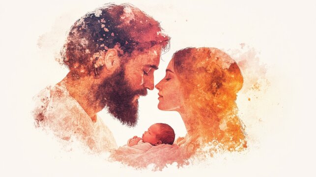 A tender moment between a young family, captured in a watercolor-like style. Warm colors evoke feelings of love and new beginnings.
