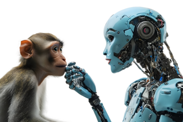A robot touching a monkey isolated on a transparent background