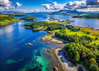 Obraz premium Aerial View of the Stunning Coastline of Appin Overlooking Shuna Island and the Majestic Arnamurchan Peninsula with Lush Greenery and Vibrant Waters