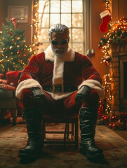 Obraz premium a formidable man in a Santa costume, sitting on a sturdy wooden chair in a dimly lit living room decorated with twinkling fairy lights and Christmas ornaments. 