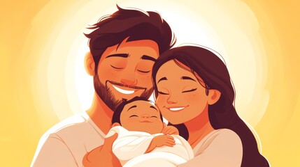 Obraz premium A happy young Hispanic family embraces their newborn baby. Warm, golden light enhances the tender moment.
