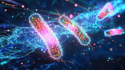 Obraz premium A microscopic view of genetically engineered bacteria breaking down environmental pollutants, glowing as they interact with the molecules. Holographic data streams monitor the bioremediation process.