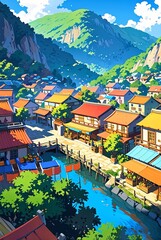 Fototapeta premium Anime style Japanese village , Japanese village ,anime style painting ai gen