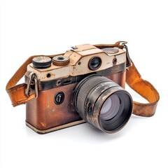 An old-fashioned camera with a leather strap, showcasing vintage design and photography purpose.