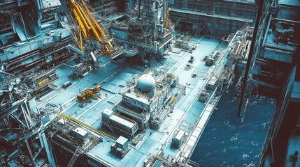 Fototapeta premium Aerial View of Offshore Oil Platform with Industrial Equipment and Ocean