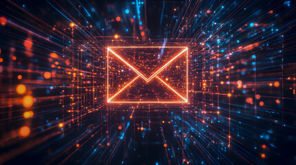 Obraz premium Futuristic Digital Environment with Glowing Email Icon Surrounded by Dynamic Light Particles and Bright Colorful Effects for Communication Concept