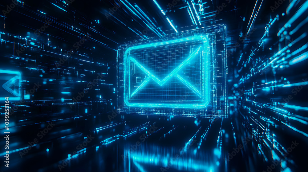 Poster futuristic digital communication concept with neon email icon surrounded by abstract data stream and