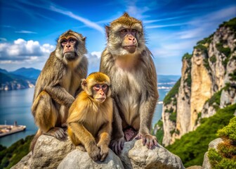 Obraz premium Captivating Barbary Macaques of Gibraltar Amidst Scenic Rock Backdrop, Showcasing Their Unique Behavior and Habitat in Natural Setting for Wildlife Enthusiasts and Nature Lovers