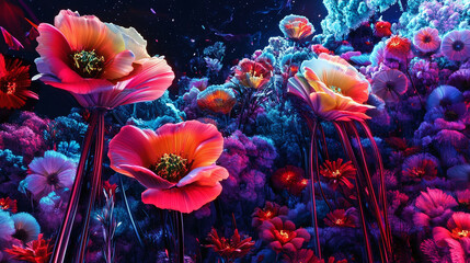 A serene digital valley filled with pulsating neon flowers.