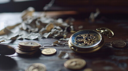 Vintage pocket watch on weathered wooden table with old coins and crumpled paper showing rising graph, symbolizing cost inflation and historical value.