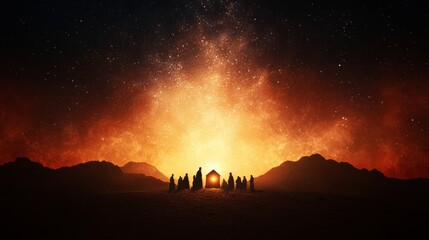 Fototapeta premium Silhouetted figures gather before a small structure under a fiery, starlit sky. A scene of wonder and awe.