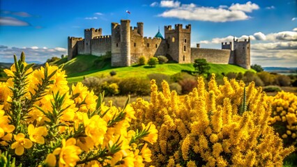 Captivating Bokeh Effect of Gorse Bushes Framing the Historic Trim Castle Amidst Lush Greenery in a Serene Landscape of Ireland, Perfect for Nature Lovers and Travel Enthusiasts