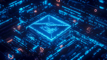Obraz premium Futuristic digital communication concept with glowing blue envelope icon on circuit board in virtual technology environment