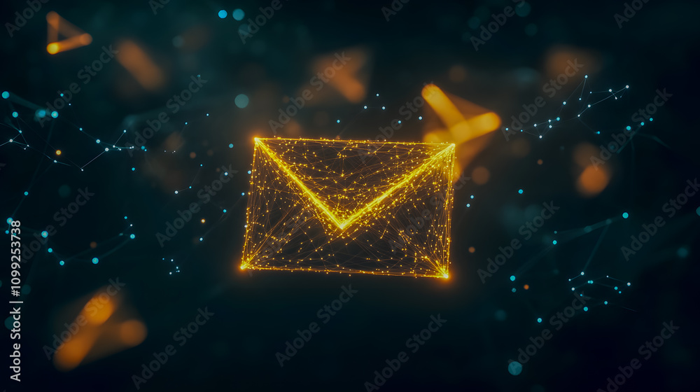 Poster abstract digital concept of email communication with glowing envelope and network design elements in