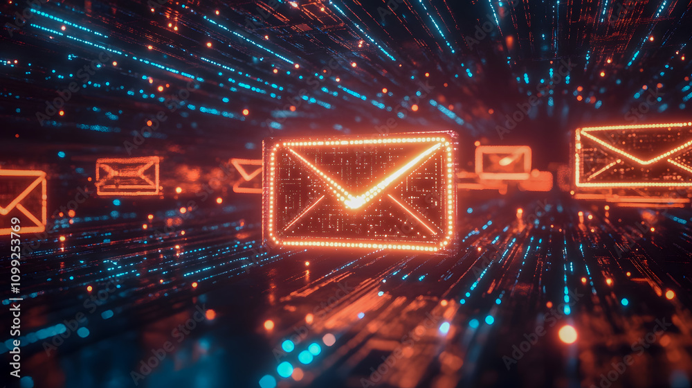 Poster futuristic digital email concept with bright lights and data transmission creating technological com