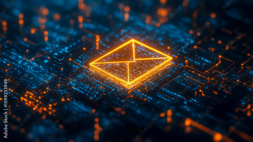 Poster abstract representation of email communication in digital space with neon lights and data connection