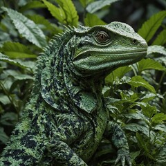 Obraz premium A camouflaged basilisk lizard blending with green foliage.