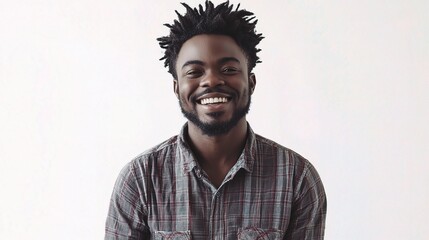 Obraz premium Happy Dark Skinned Male Smiling Against Light Background