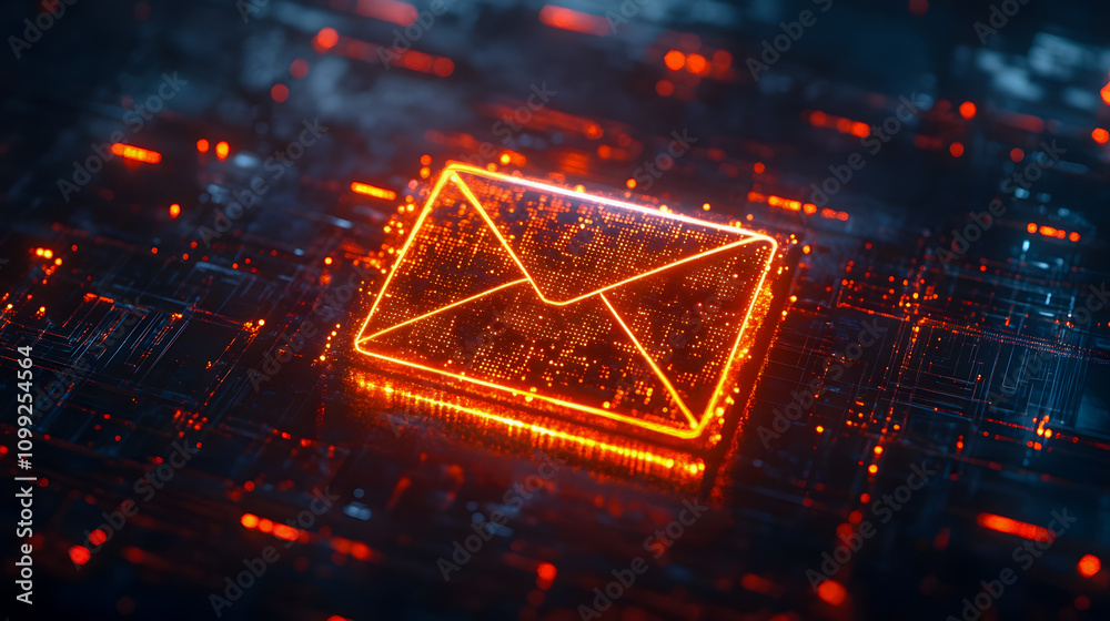 Poster glowing digital envelope icon with futuristic circuit background symbolizing communication and conne