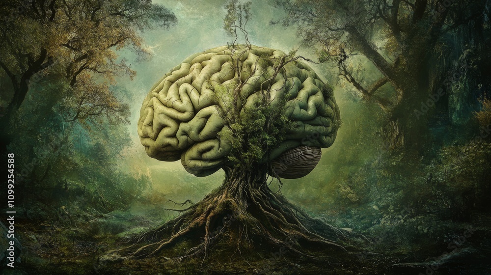 Aufkleber Surreal Forest Scene with Brain-Shaped Tree and Mystical Elements