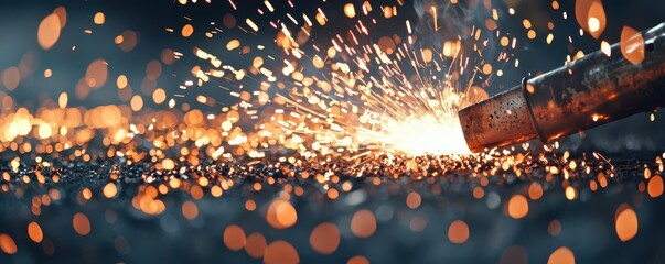 Close-up of welding torch emitting a cascade of sparks on a factory floor, showcasing industrial precision