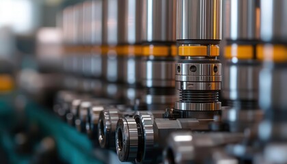 Naklejka premium Complex hydraulic pistons pushing metal parts, reflecting the intricate mechanics of modern industry